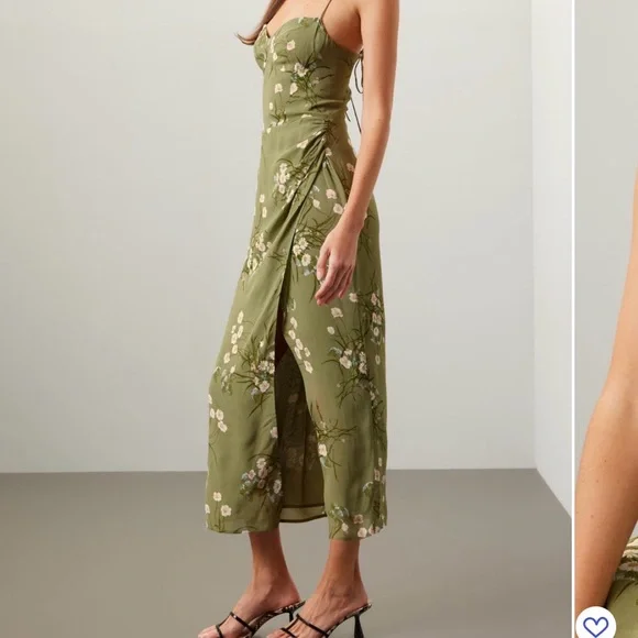 Reformation Green Floral Slip Kimberly Dress with Cream Blooms - Picture 2 of 8